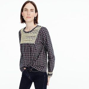 J.CREW Gold Embroidered Peasant Plaid Blouse Top
